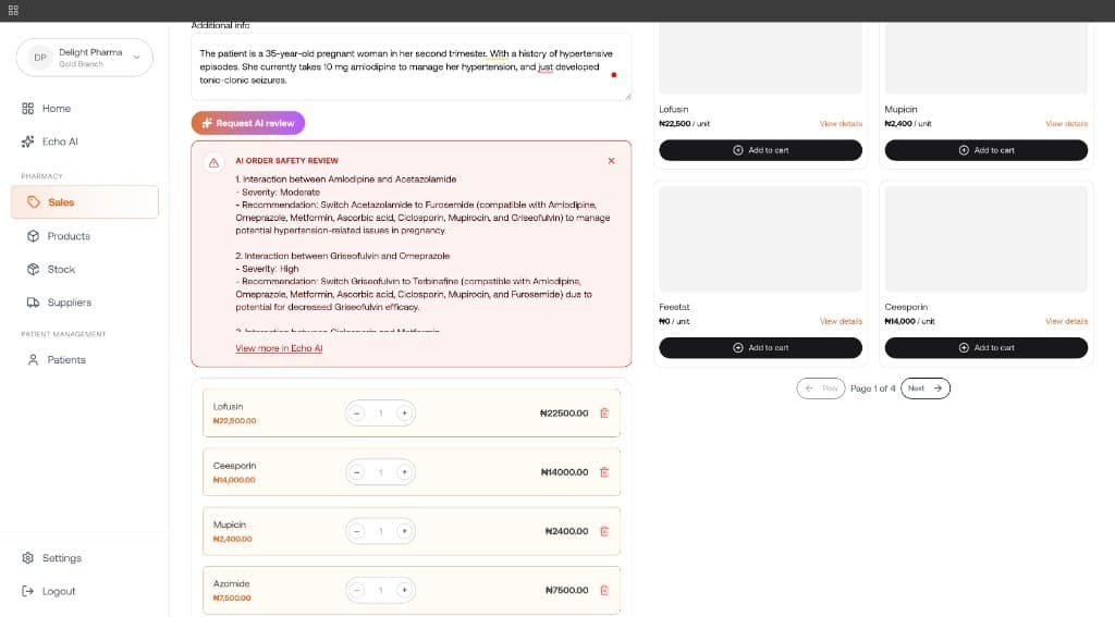 An AI safety review on a sale, with interaction severity and a suggested change.